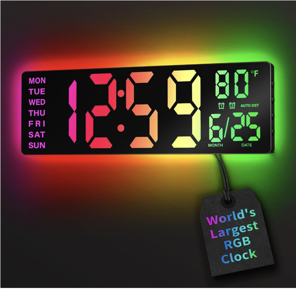Large RGB digital wall clock displaying 12:59, 80°F, and the date June 25, with oversized multicolor LED numbers and customizable rainbow backlighting glowing against a dark background.