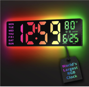 Large RGB digital wall clock displaying 12:59, 80°F, and the date June 25, with oversized multicolor LED numbers and customizable rainbow backlighting glowing against a dark background.
