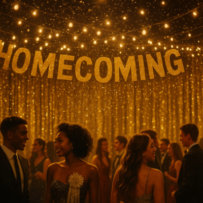 short homecoming dresses - an image inside a high school homecoming dance with the word, "homecoming" stretched across the stage as decor