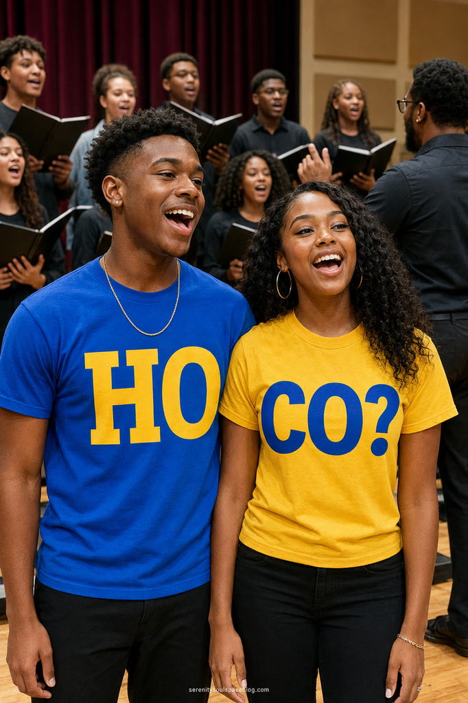 A smiling couple stands side by side singing with their school choir, wearing matching blue and gold shirts that combine to read “HOCO?”