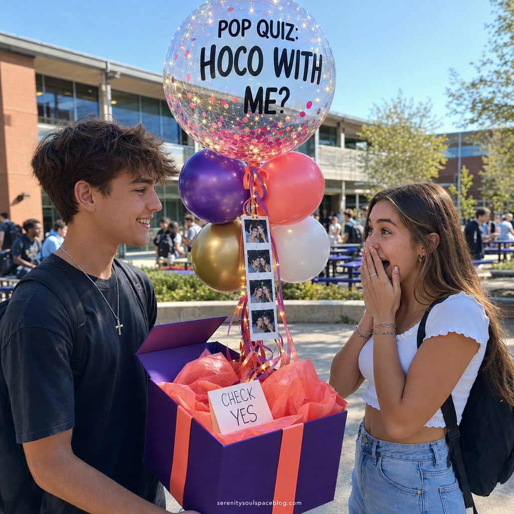 Teen boy surprises a teen girl in a school courtyard with a colorful balloon-in-a-box homecoming proposal featuring confetti, lights, photos, and the message, “Pop Quiz: HOCO with me?”