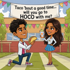Cartoon couple share a taco and drink in a school courtyard beneath a banner reading, “Taco ’bout a good time... will you go to HOCO with me?”