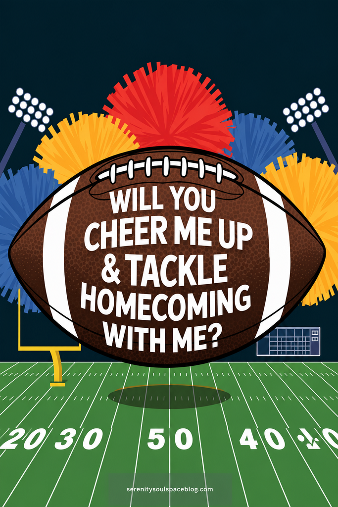 Football-themed homecoming proposal featuring a large football that reads, “Will you cheer me up & tackle homecoming with me?” surrounded by colorful cheerleading pom-poms on a football field.