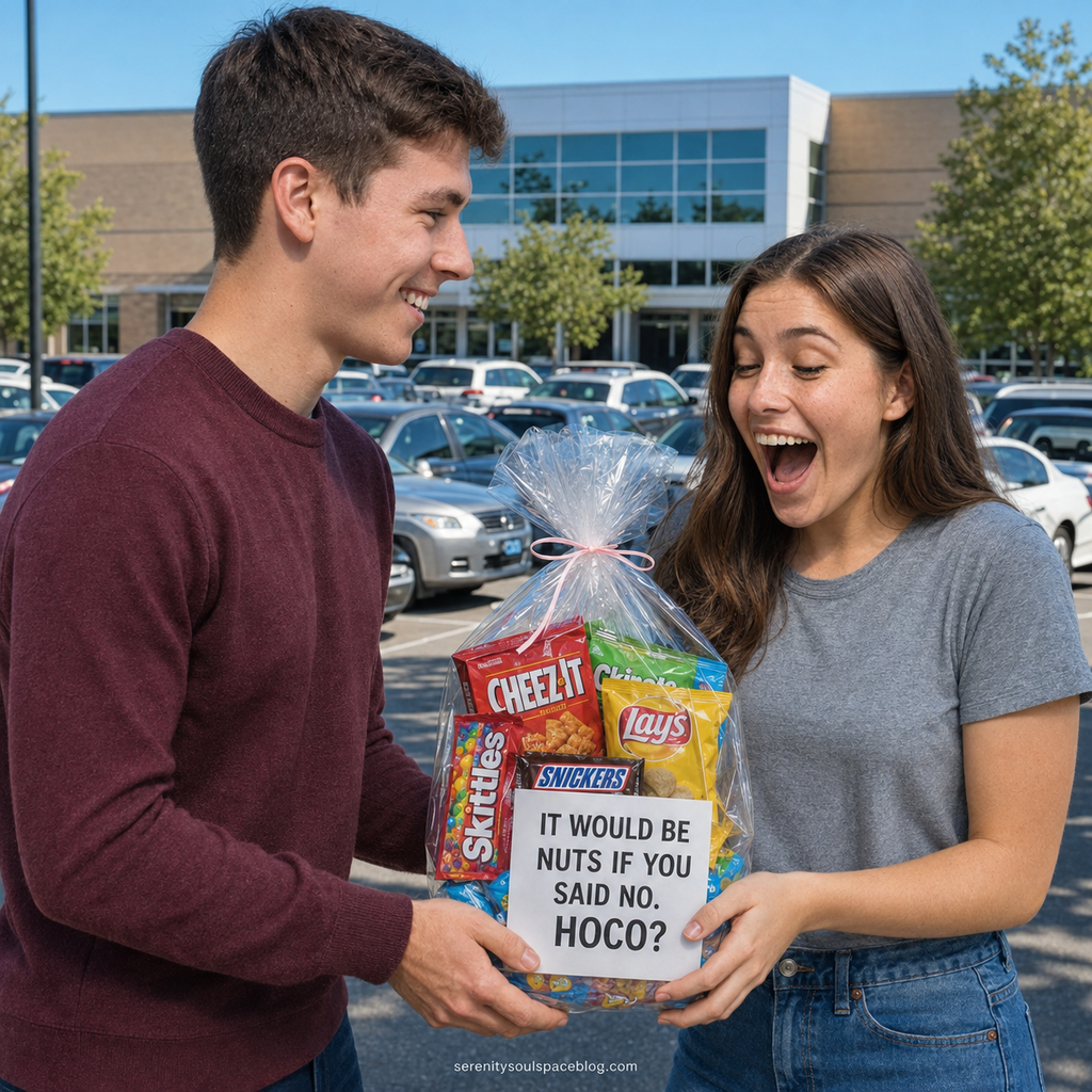 Teen boy presents a surprised teen girl with a colorful snack basket and a sign reading, “It would be nuts if you said no. HOCO?” in a busy high school parking lot.