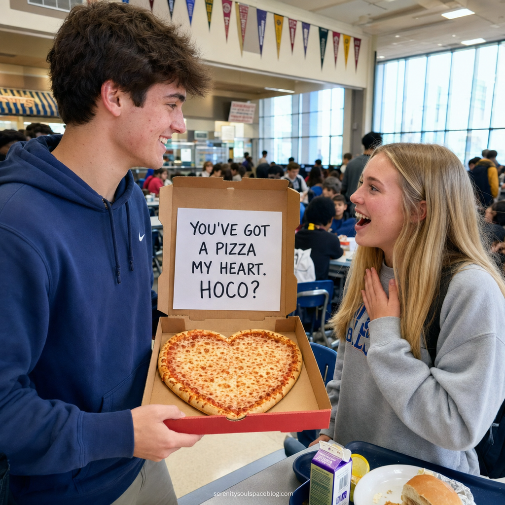 Teen boy holds an open pizza box with a heart-shaped pizza and a sign reading, “You’ve got a pizza my heart. HOCO?” as a surprised teen girl reacts in a busy school cafeteria.