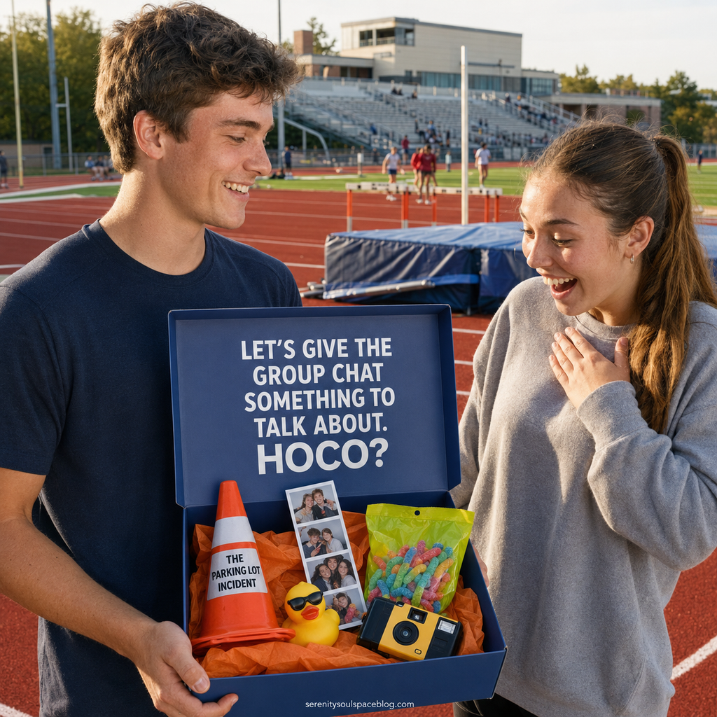 Teen boy surprises a teen girl with a personalized homecoming gift box containing inside-joke items and a message reading, “Let’s give the group chat something to talk about. HOCO?” beside a school track.