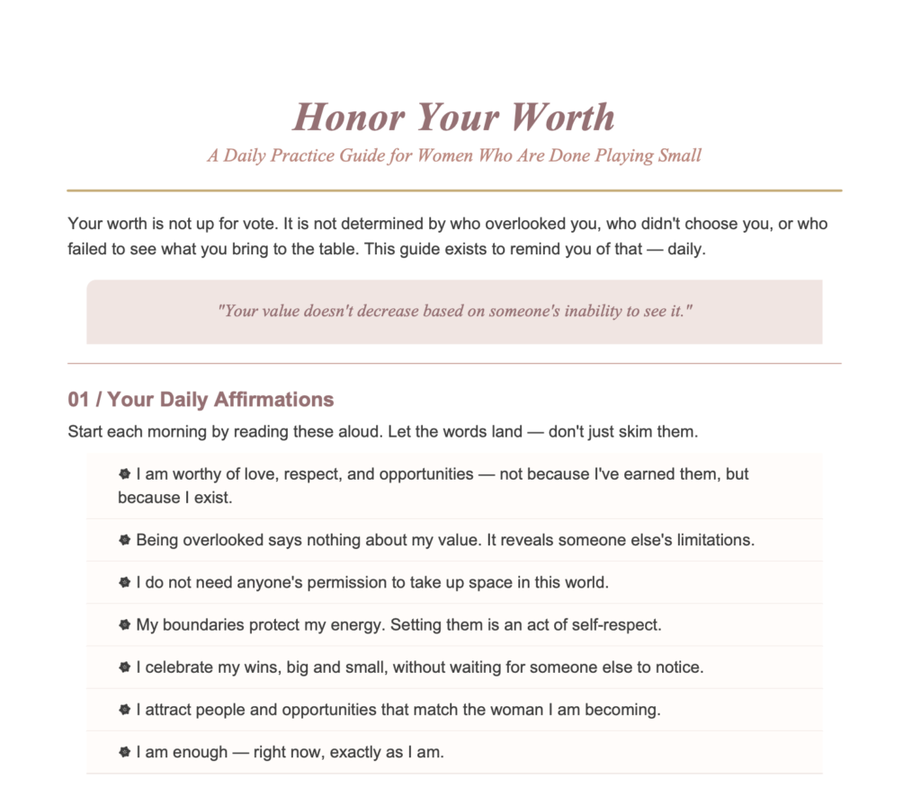 Free self-worth PDF guide for women — daily affirmations, journaling prompts, and habits to help you stop playing small and start honoring your worth every day.