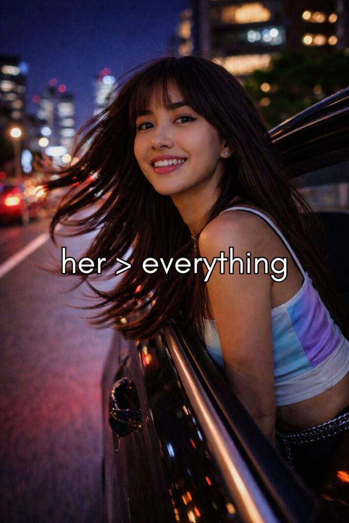 Young woman leaning out of a moving car at night with her hair blowing in the wind, smiling against blurred city lights in motion.