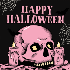 halloween quotes aesthtic -a pink skull with yellow eyes and pink candles on a table (cartoon style)