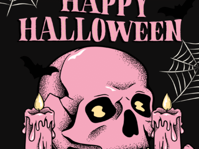 halloween quotes aesthtic -a pink skull with yellow eyes and pink candles on a table (cartoon style)