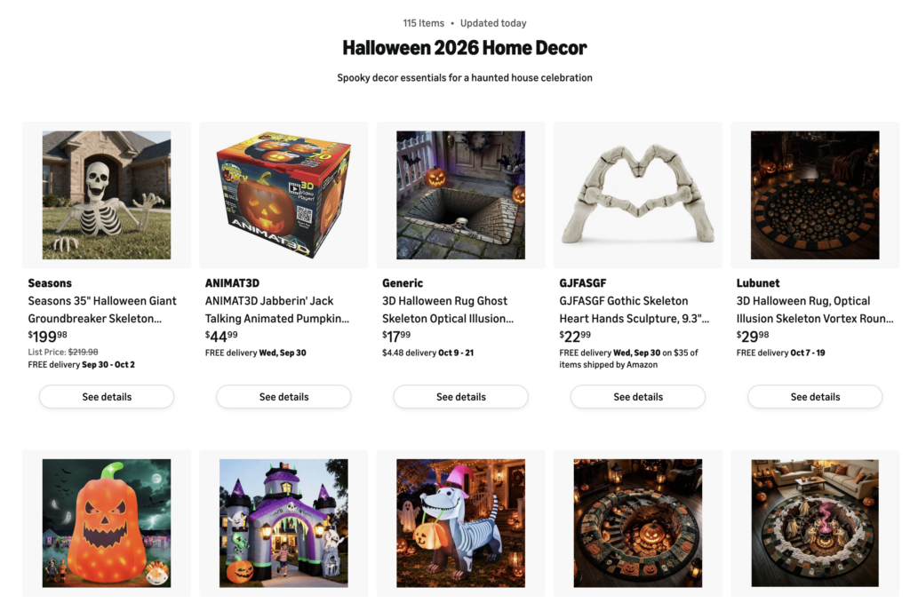Screenshot of an Amazon storefront titled āHalloween 2026 Home Decor,ā showing Halloween decorations including a yard skeleton, animated jack-oā-lantern, skeleton hand sculpture, and optical illusion rugs.