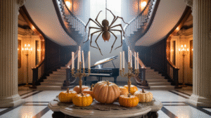 Halloween quotes aesthetic - a grand mansion foyer decorated for Halloween. a giant spider hangs from the ceiling above a grand piano into the center of the picture