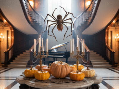 Halloween quotes aesthetic - a grand mansion foyer decorated for Halloween. a giant spider hangs from the ceiling above a grand piano into the center of the picture