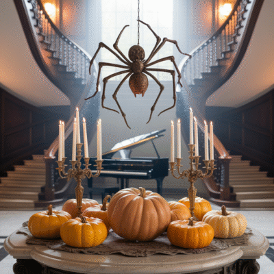 Halloween quotes aesthetic - a grand mansion foyer decorated for Halloween. a giant spider hangs from the ceiling above a grand piano into the center of the picture