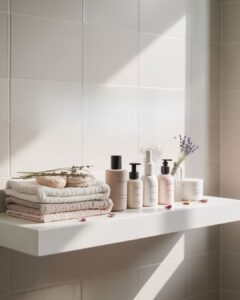 a clean bathroom with unmarked bottles of beauty products sitting on a shelf. The entire bathroom is white with a ray of sunshine is coming across the wall and the bottles