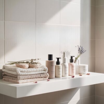 a clean bathroom with unmarked bottles of beauty products sitting on a shelf. The entire bathroom is white with a ray of sunshine is coming across the wall and the bottles