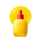 Yellow vitamin illuminating serum bottle with red dropper cap in front of a glossy golden serum splash, minimalist skincare product image on a light background.