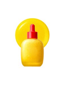 Yellow vitamin illuminating serum bottle with red dropper cap in front of a glossy golden serum splash, minimalist skincare product image on a light background.