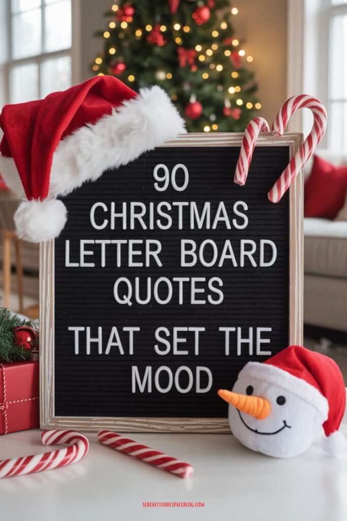 A festive Pinterest pin featuring a white letter board with black letters spelling "90 Christmas Letter Board Quotes That Set The Mood" prominently displayed in the center. The letter board is surrounded by cheerful Christmas decorations including a red velvet Santa hat draped casually to one side, striped candy canes, and a small plush snowman with a carrot nose and button eyes. The cozy living room background showcases a beautifully decorated Christmas tree with twinkling warm white lights and red ornaments, while soft natural light filters through a nearby window creating a warm, inviting holiday atmosphere perfect for seasonal inspiration.