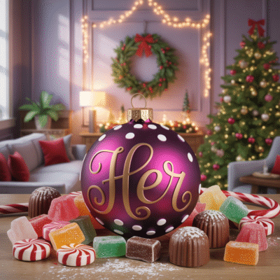 a tree ornament with the word, "Her" on it