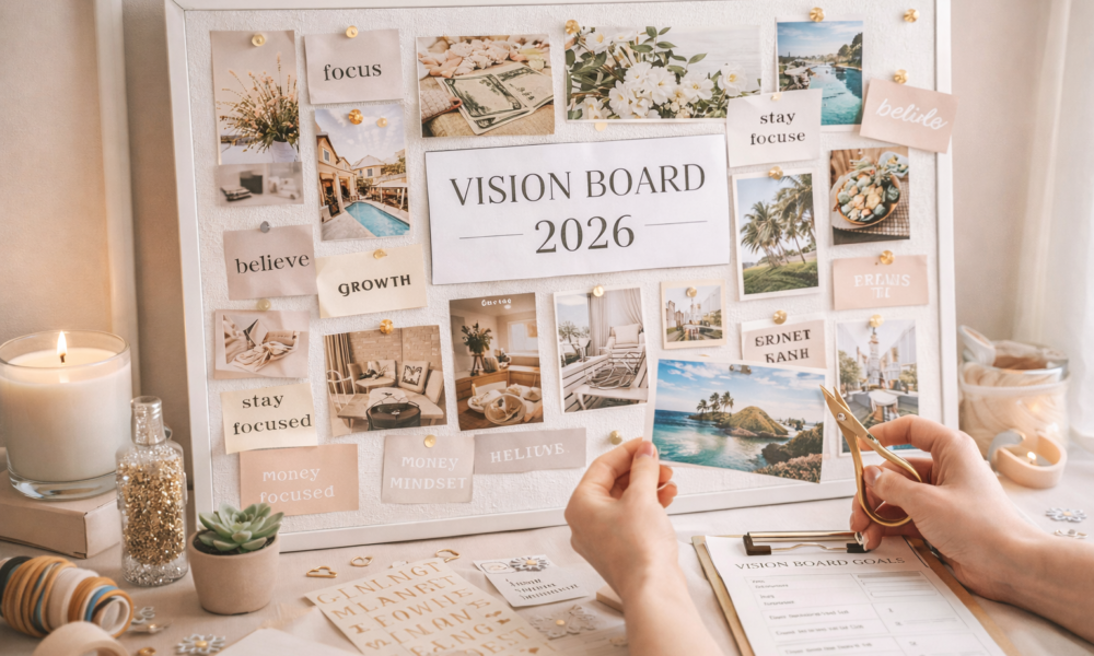 Hands creating a 2026 vision board on a white bulletin board with goal images, affirmations, scissors, candles, and planning supplies in a cozy, well lit workspace.
