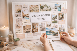Hands creating a 2026 vision board on a white bulletin board with goal images, affirmations, scissors, candles, and planning supplies in a cozy, well lit workspace.