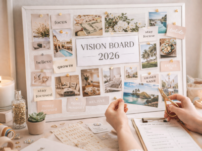 Hands creating a 2026 vision board on a white bulletin board with goal images, affirmations, scissors, candles, and planning supplies in a cozy, well lit workspace.