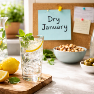 Glass of sparkling lemon water with mint on a kitchen counter, surrounded by fresh lemons and snacks, with a note in the background that reads “Dry January,” representing alcohol-free choices.