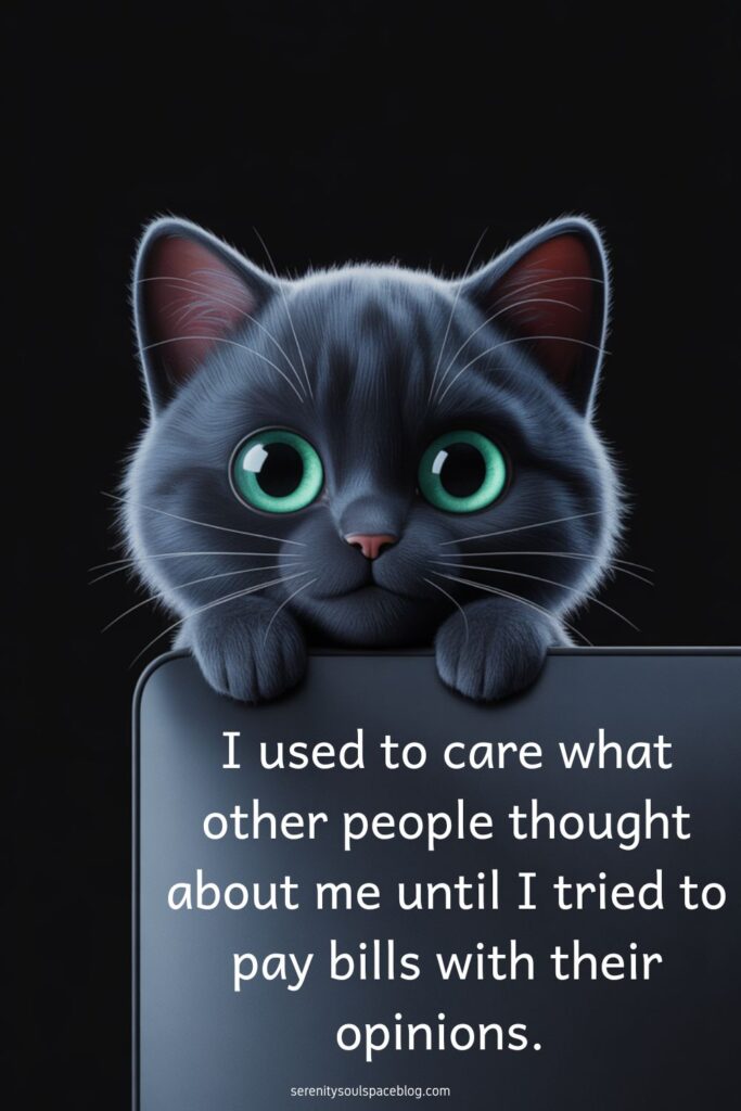 cute picture quote - black cat with exaggerated cartoon eyes sitting behind an open laptop
