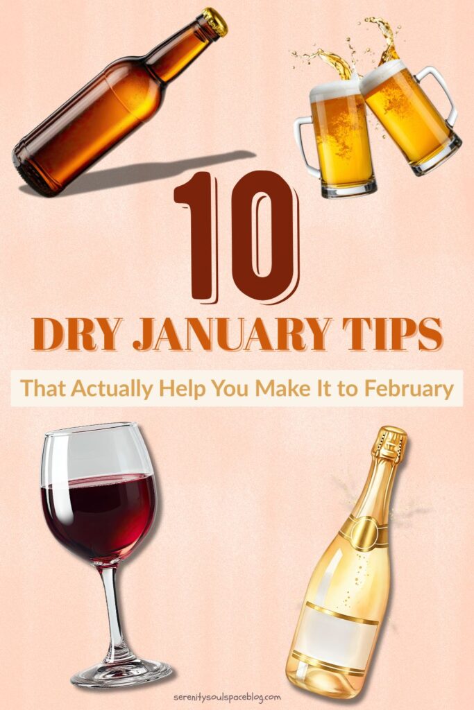 Dry January Tips Pinterest pin for the article with 4 images of glasses with alcohol