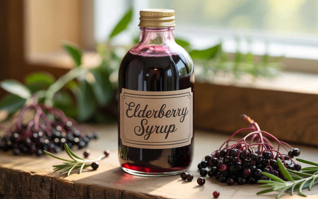 Winter Self Care for the immune system - A photograph of a glass bottle filled with dark, shimmering elderberry syrup resting on a rustic wooden surface.