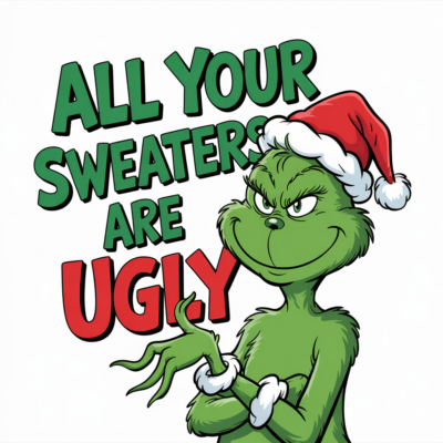 Featured image of the Grinch in cartoon form with a quote that says, "All your sweaters are ugly"