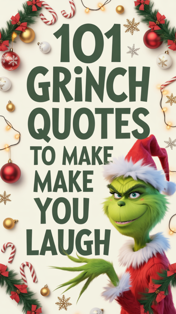 Pinterest pin image titled, "101 Grinch Quotes to Make You Laugh" on a Christmas-festive background and a digital image of the Grinch wearing a Santa suit