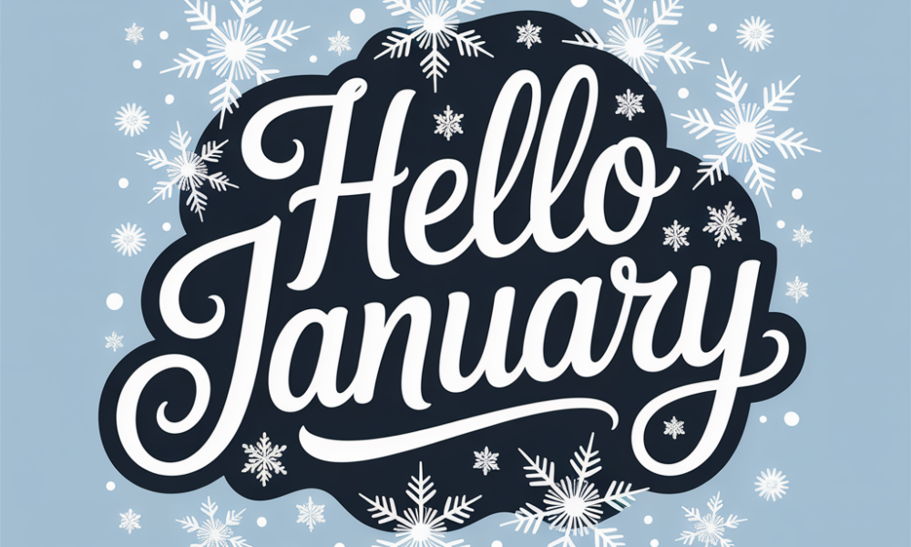 Hello January in winter theme and ice blue background with snowflakes