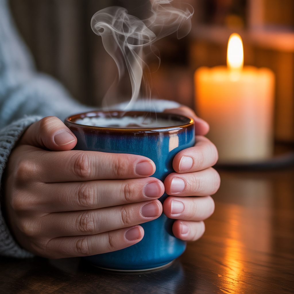 Winter Self Care - A cozy photograph of hands wrapped around a steaming ceramic mug filled with hot cocoa or coffee, wisps of steam rising gently from the surface. The hands are positioned in the foreground, fingers curved naturally around the warm cup, suggesting comfort and warmth on a cold day. In the soft-focused background, a single pillar candle flickers with a steady golden flame, casting a warm amber glow that dances across the scene.