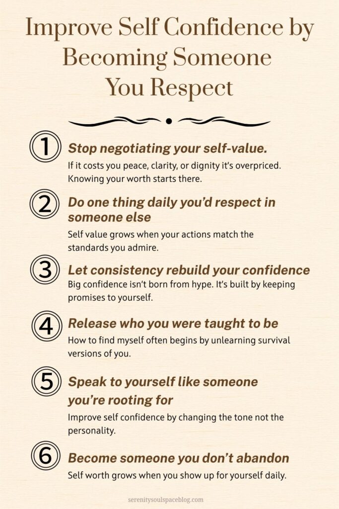 Pinterest graphic with six practical steps for building self worth and improving self confidence through daily self respect habits.