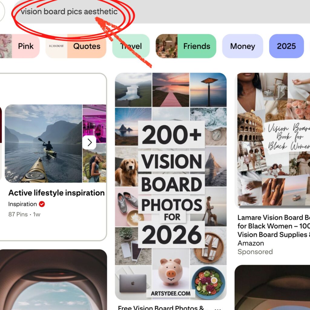 a screenshot of an actual Pinterest home feed search with an emphasis on the adjective, "aesthetic"