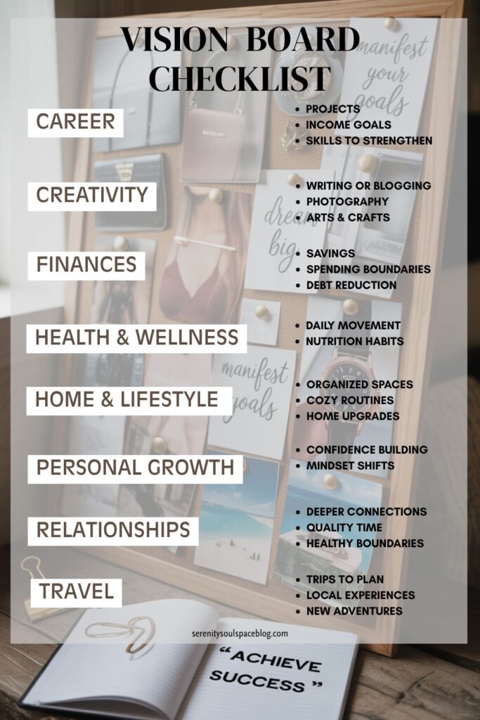 Vision board checklist graphic showing life categories like career, creativity, finances, health and wellness, home and lifestyle, personal growth, relationships, and travel with example goals beside each on a cozy cork board background.