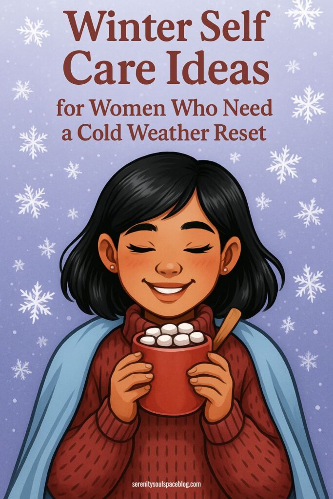 Winter Self Care Ideas for Women Who Need a Cold Weather Reset Pinterest pin for the article of a cartoon woman drinking hot cocoa wearing a blanket. Calm and contentment on her face with a winter background