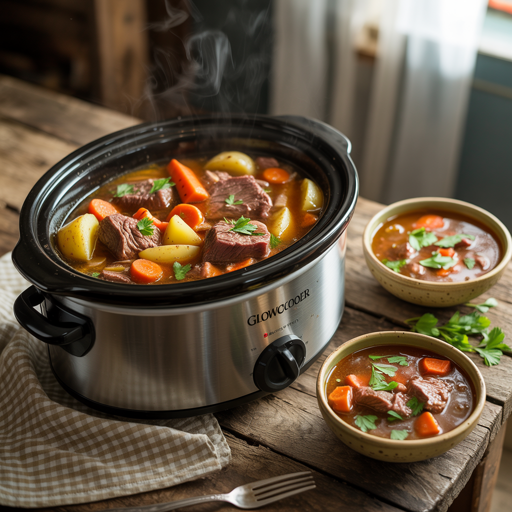 winter nourishment wellness habits for women - an image of a slow cooker full of soup surrounded by 2 bowls of soup or stew