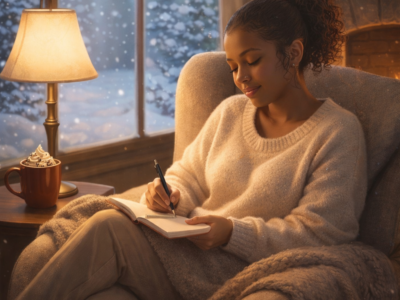 A woman sits peacefully in a cozy armchair by a glowing fireplace, journaling in a notebook while a mug of hot cocoa rests on a side table, with soft winter light and falling snow visible through the window behind her.