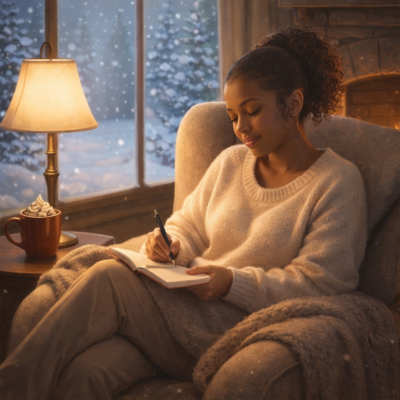 A woman sits peacefully in a cozy armchair by a glowing fireplace, journaling in a notebook while a mug of hot cocoa rests on a side table, with soft winter light and falling snow visible through the window behind her.