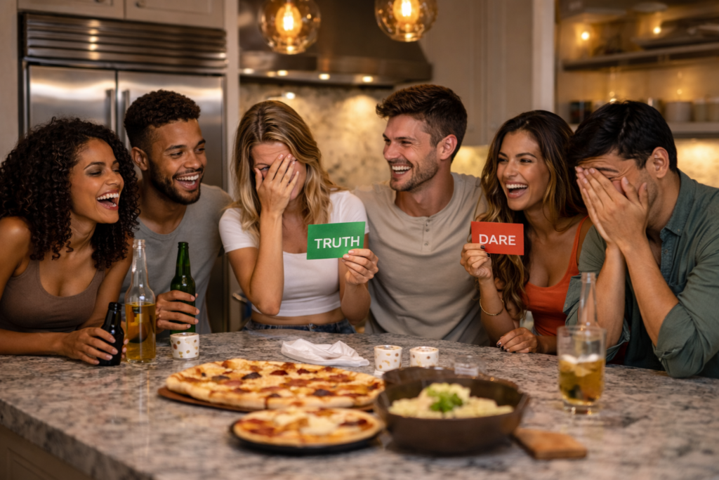 Six friends gathered around a modern kitchen island in a luxury kitchen, laughing and blushing while playing Truth or Dare, with one person holding a green “truth” card and another holding a red “dare” card, surrounded by food, drinks, and warm lighting.