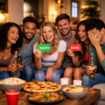 Six friends sitting together on a couch in a cozy living room, laughing and blushing while playing Truth or Dare, with one person holding a green “truth” card and another holding a red “dare” card, snacks and drinks on the table in front of them.