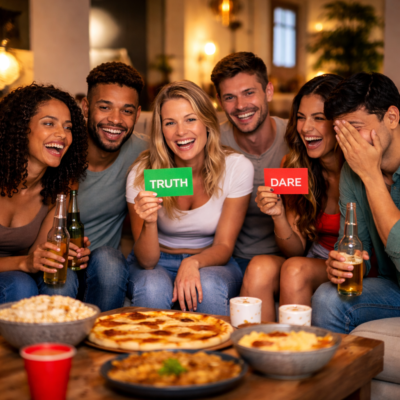 Six friends sitting together on a couch in a cozy living room, laughing and blushing while playing Truth or Dare, with one person holding a green “truth” card and another holding a red “dare” card, snacks and drinks on the table in front of them.