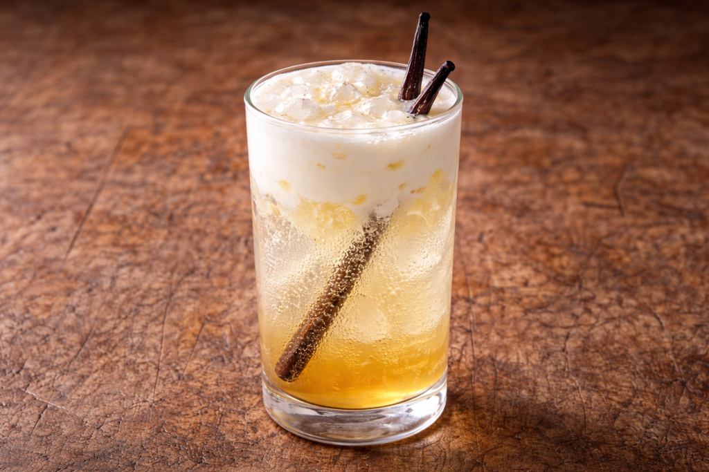 A creamy vanilla cream soda mocktail with ice and sparkling bubbles, showing a smooth white foam layer over pale golden soda in a clear glass on a neutral surface.
