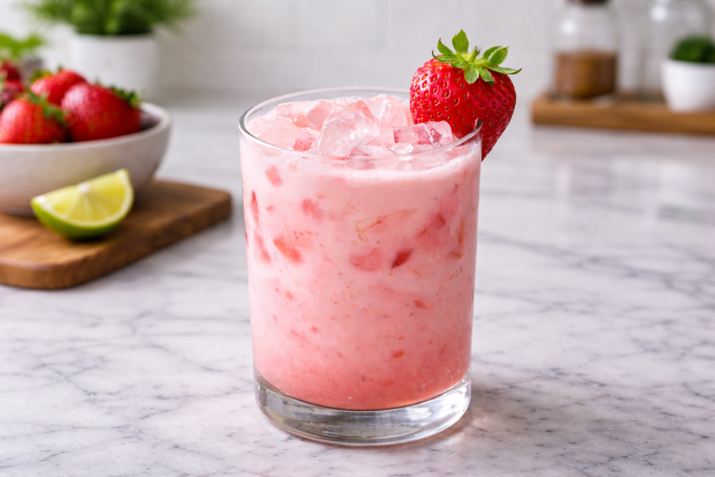 A creamy strawberry mocktail with ice in a clear glass, showing a soft pink blend of strawberry puree and coconut milk, garnished with a fresh strawberry on the rim.