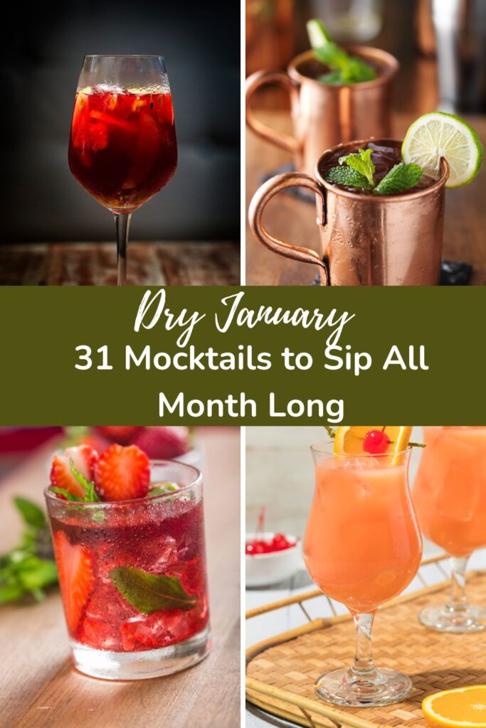 The actual Pinterest pin for this article. 4 grid squares with various non-alcoholic drinks that look alcoholic