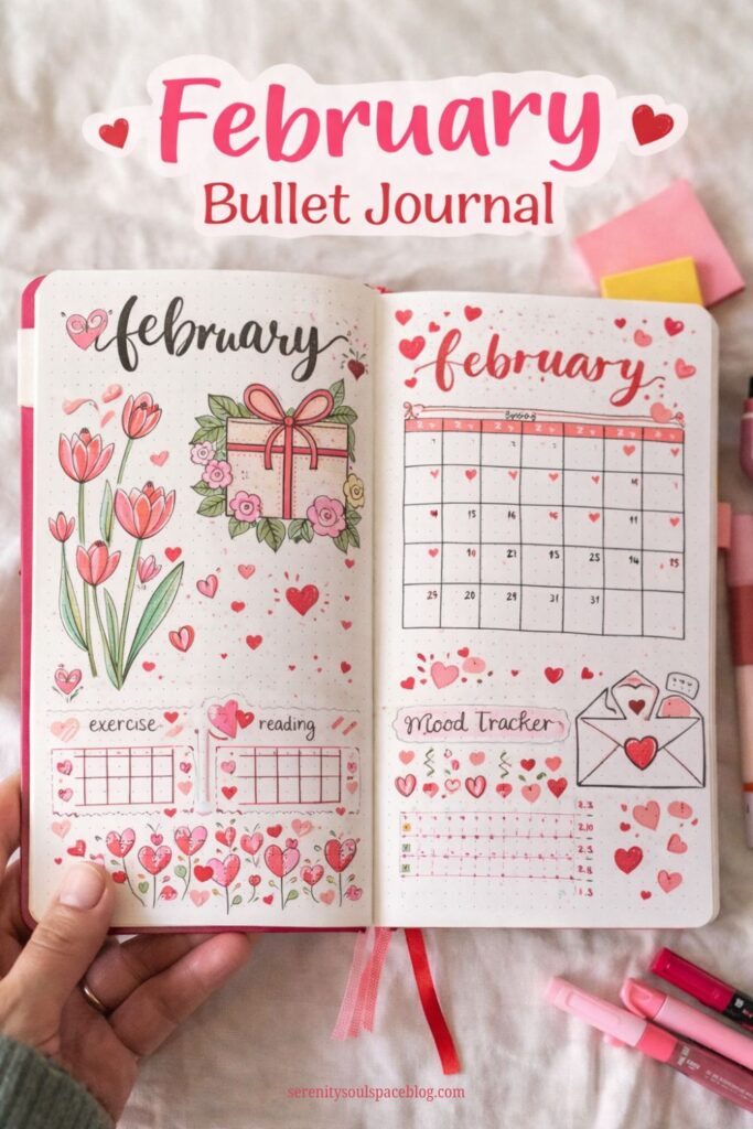 Vertical Pinterest style image of an open February bullet journal spread with red and pink Valentine themed doodles, including a floral cover page, monthly calendar, mood tracker, and habit trackers, styled on a soft fabric background with pink pens and sticky notes.