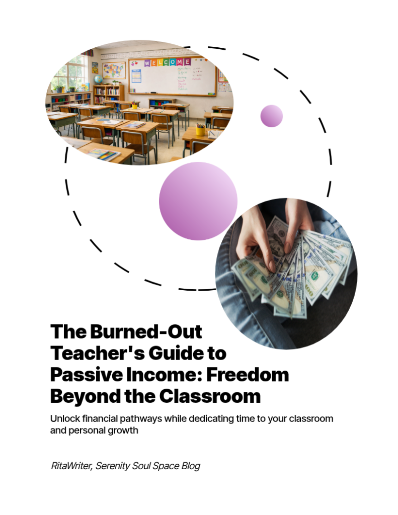 Cover of The Burned Out Teacher’s Guide to Passive Income for teachers seeking financial freedom beyond the classroom, with classroom and money imagery in a clean modern layout